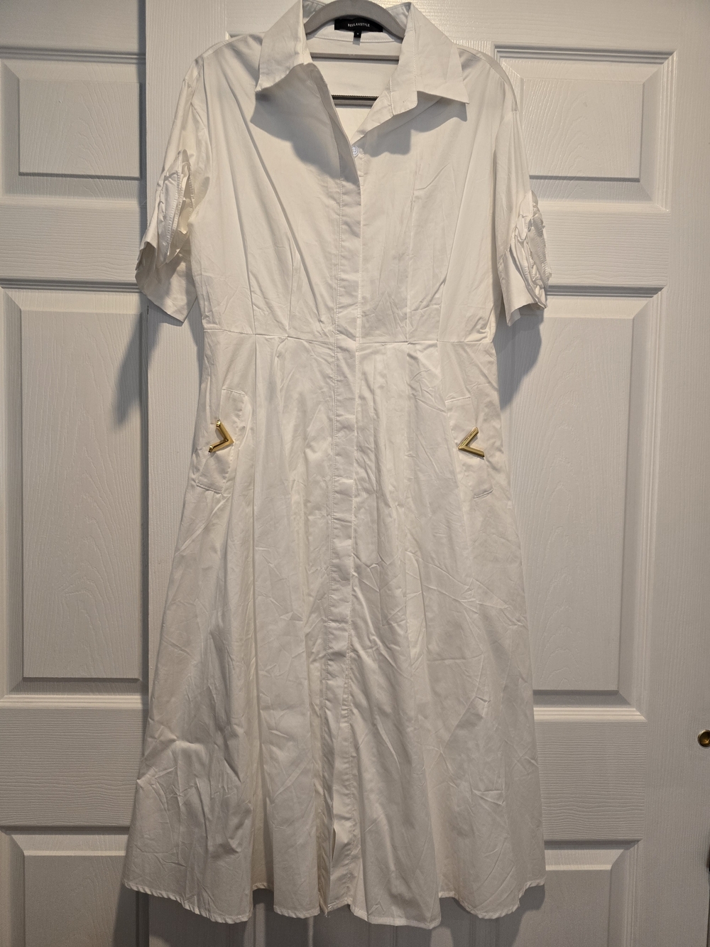 Beulah White A-Line Midi Shirt Dress with Gold Pocket Accents